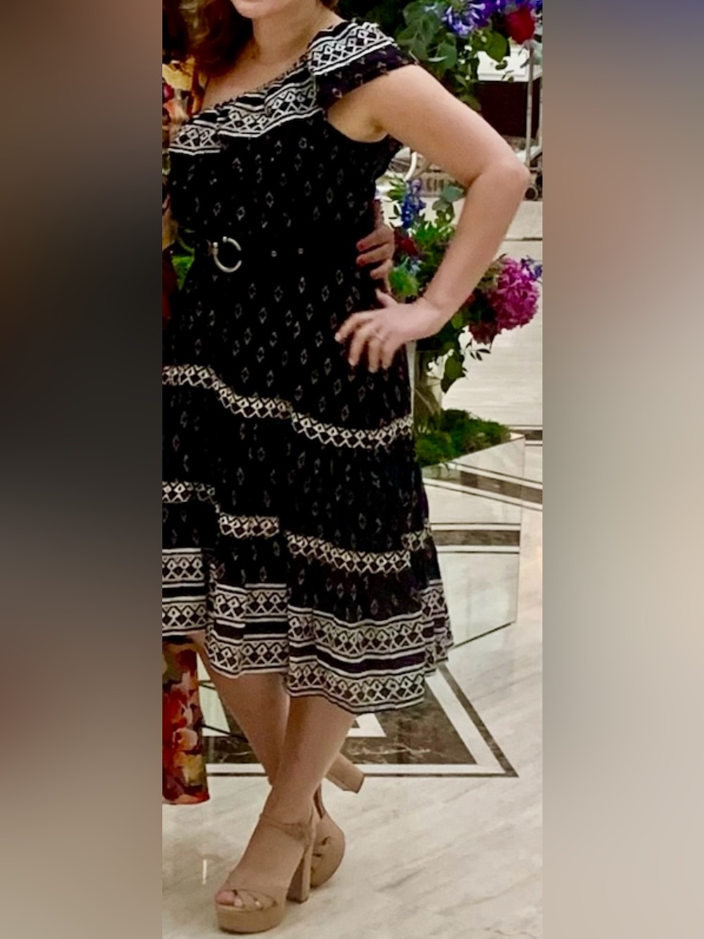 Bell by Alicia Bell Black Patterned Tiered One Shoulder Embellished Midi Dress